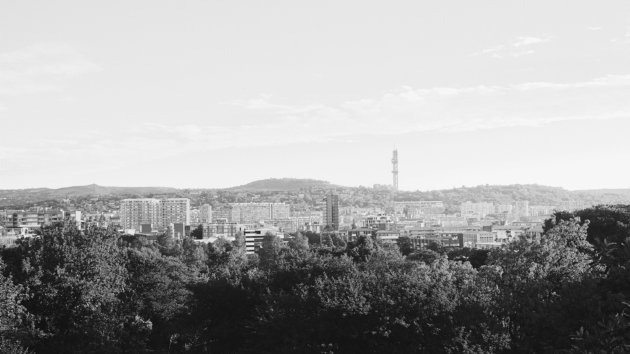 Black and white image of apartment buildings in Pretoria, South Africa