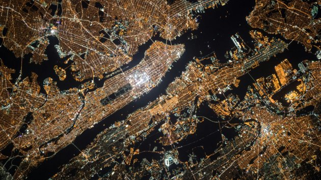 A sattellite image of an urban area at night